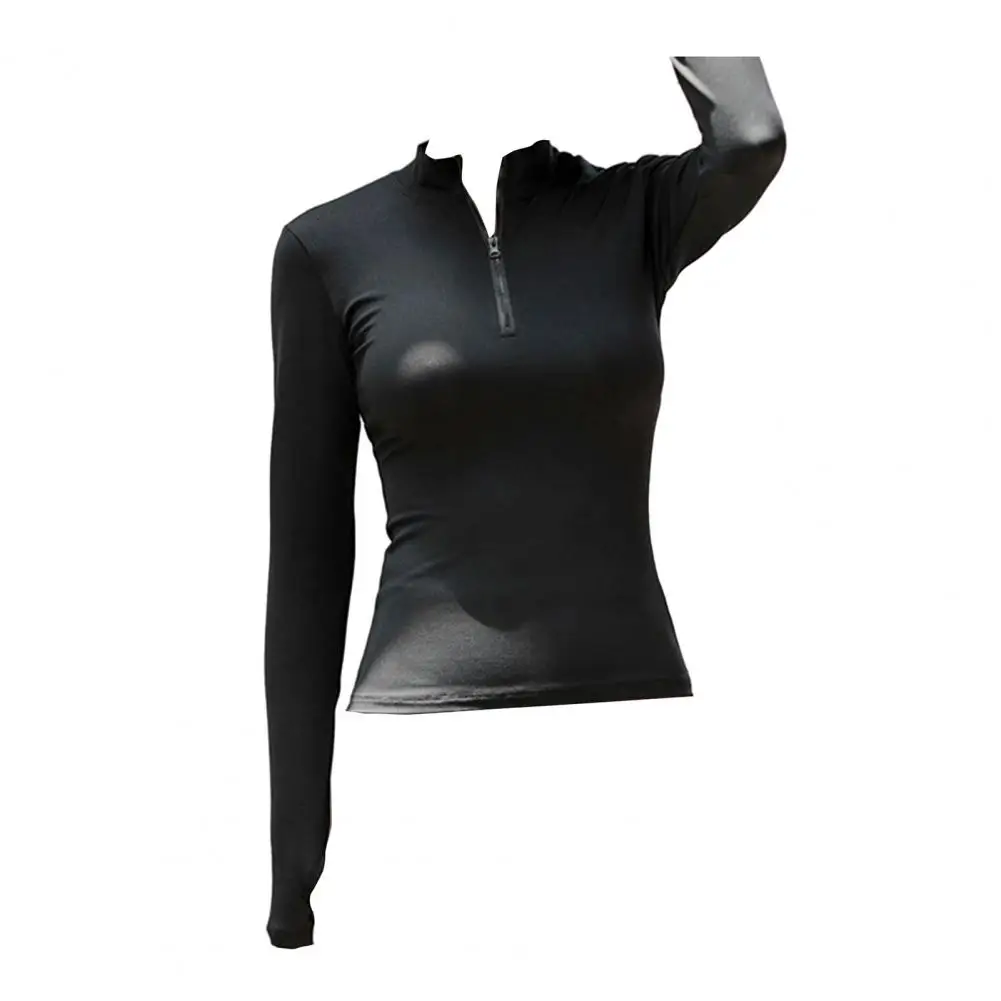 

Solid Color Gym Top Stretchy Long Sleeve Women's Sports Top with Zipper Stand Collar Sweat Absorption Soft for Sportswear