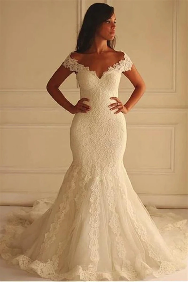 

Vintage Full Lace 2022 Ivory Wedding Dresses Mermaid Off The Shoulder Women Bridal Gowns Sweep Train Plus Size Marriage Outfits