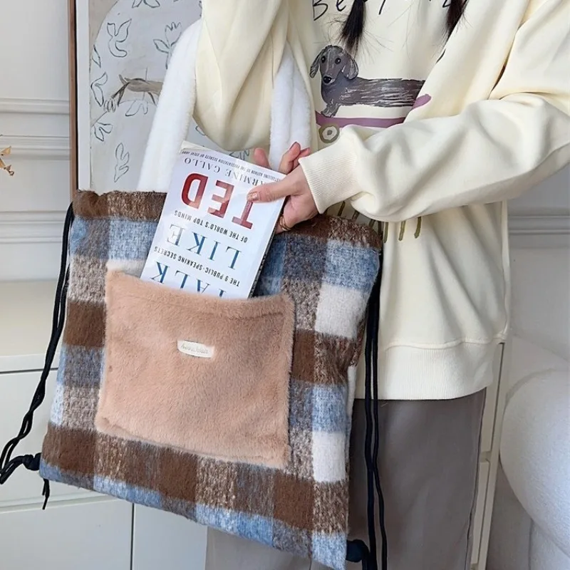Handbag Large Capacity Student Casual Shoulder Bag Drawstring Woolen Fabric Plaid New Classic Commute All-match Purse Backpack