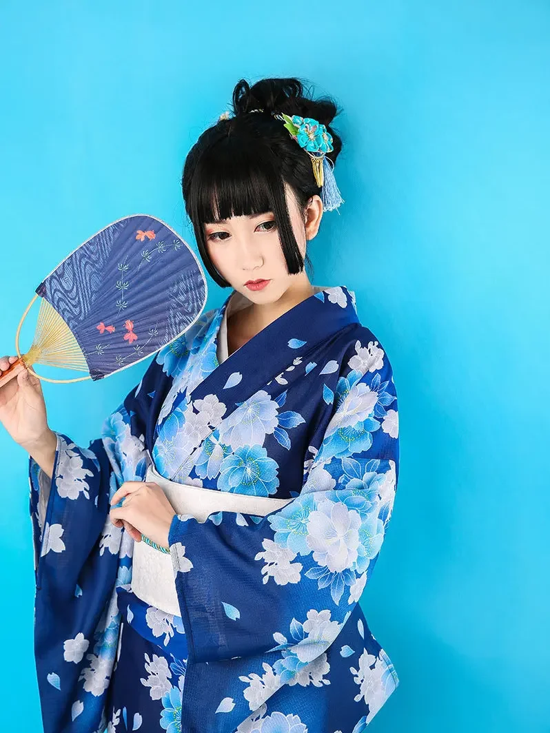

Japanese Traditional Kimono Gown With Obi Print Flower Airy Dresses Costume Women Blue Geisha Haori Yukata Kimono Gown Suit
