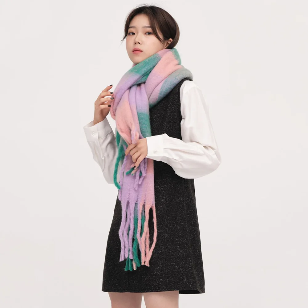 여성용 AC 격자 무늬 모헤어 스카프, 부드럽고 따뜻한 목 숄, 가을 및 겨울 스카프, 캐시미어 롱 머플러, 242cm, 신제품