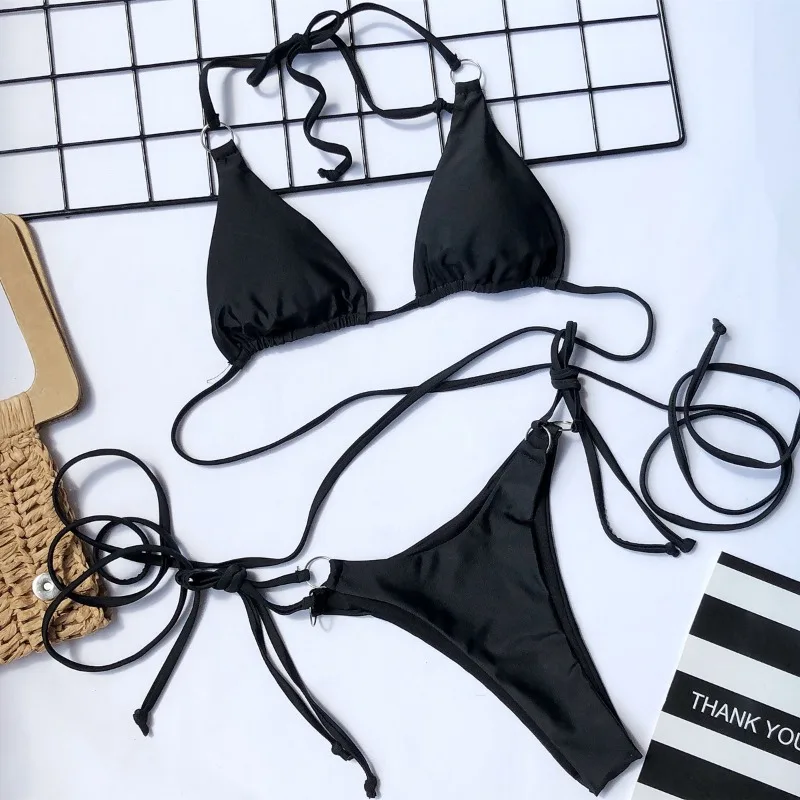 Women Sexy Rope Around Bikini Sets Two Piece Swimsuit Fashion Metal Ring Bathing Suit Swim Wear