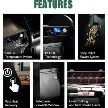 Wood Pellet Grill Smoker with PID 2.0 Controller, 700 Cooking Area, Meat Probes, Rain Cover for Outdoor BBQ, 7002C 2