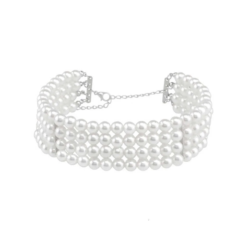 Ingemark Mode mehr schicht ige weiße Imitation-Perle Halsreif mit Metalls cheibe Fixierung breite Lätzchen Halskette Schmuck für Charme Frauen – Detail 9