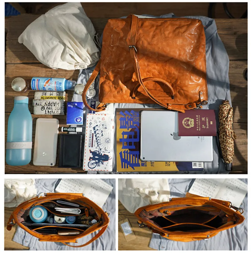 Fashion pleated genuine leather women's A4 handbag casual vintage high quality cowhide ladies big shoulder messenger bags