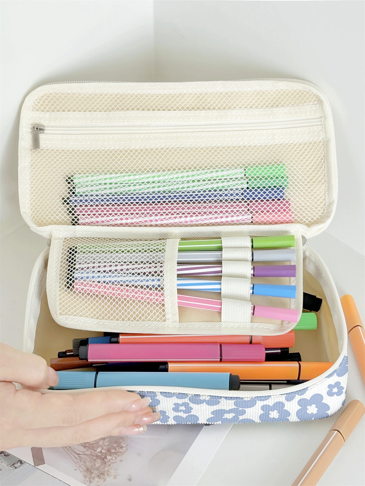 Flower pattern printed large capacity pencil case, durable multifunctional storage bag, portable zipper storage box