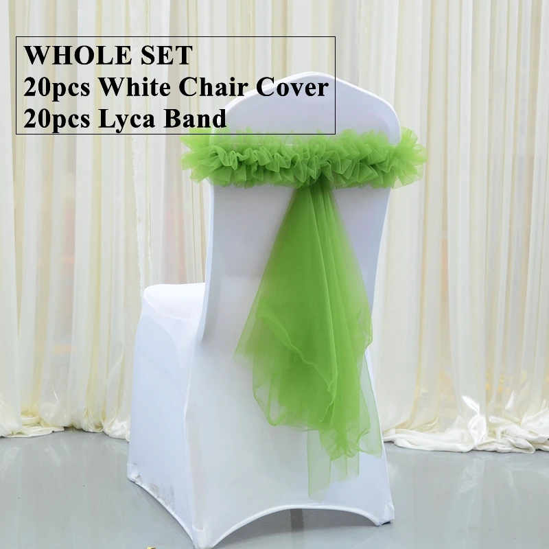 

Whole Set 20 White Spandex Banquet Chair Cover With 20pcs Tulle Lycra Sash Band For Wedding Event Party Decoration