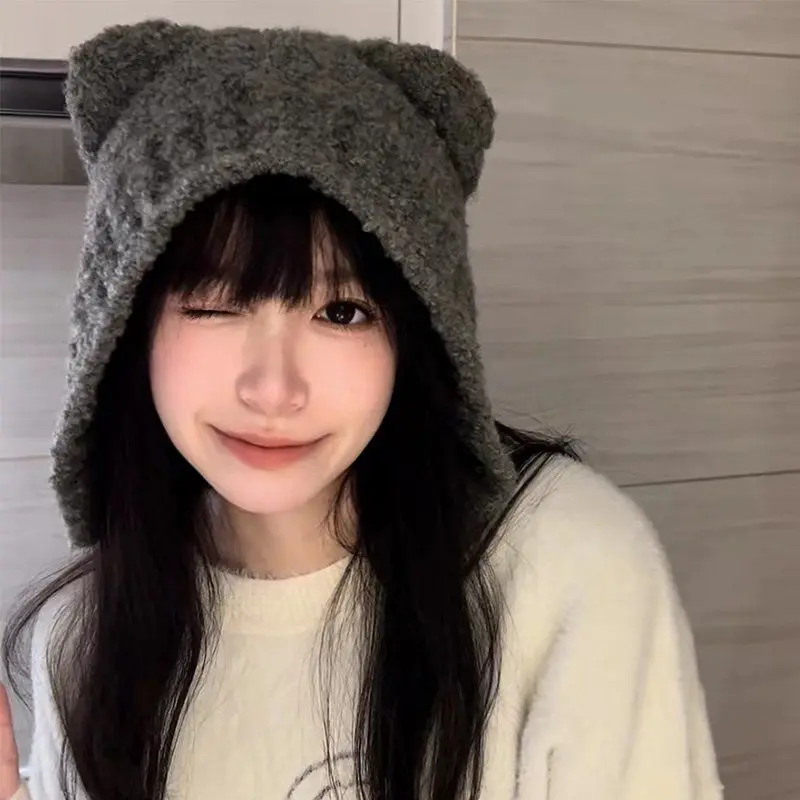 

New Autumn Winter Cute Safety Bear Hat for Women Warm Thickened Lamb Fleece Travel Hats Pullover Outdoor Ladies Cap