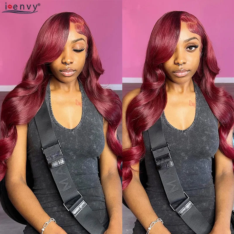 긴 34인치 99J 버건디 레이스 프론탈 인모 가발 13X4 13X6 HD 바디 웨이브 레이스 프론트 가발 프리 플러킹 밝은 레드 헤어 가발