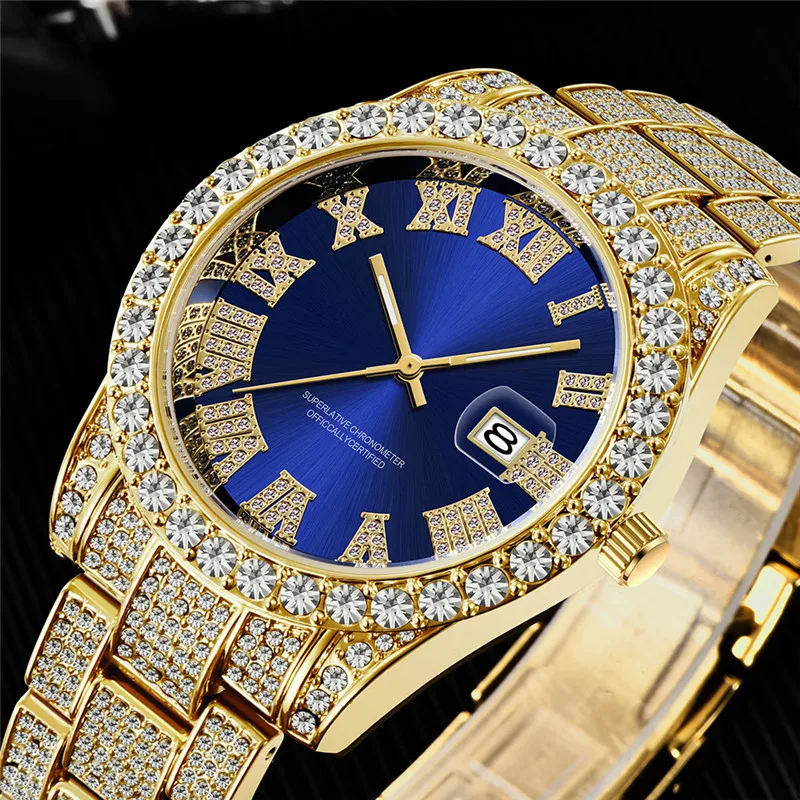 Cool Diamond Watches For Men Hip Hop Luxury Brand Fashion Alloy Band Golden Gifts Date Quartz Clock Relogio Masculino Ouro 2024