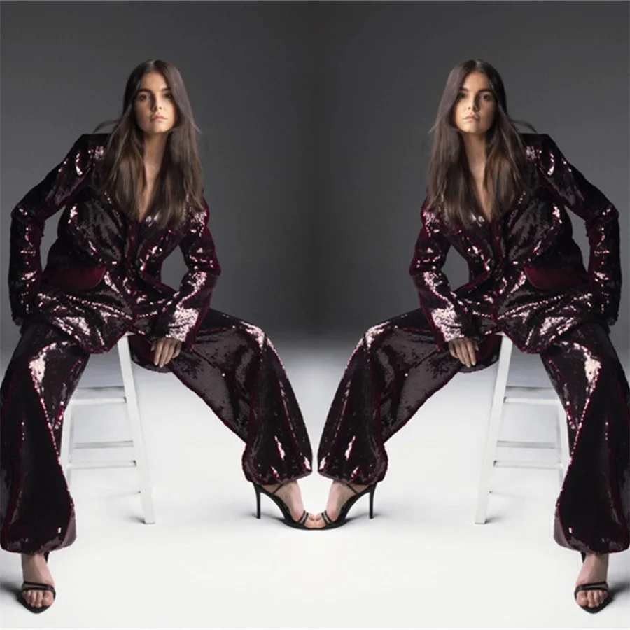 

Shining Sequins Red Wine Women Suits 2 Pieces Blazer+Pants Elegant Single Breasted Formal Prom Evening Custom Made Free Shiping