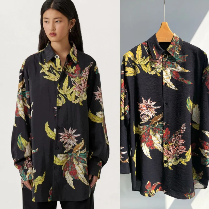 

Autumn 2023 Women Silk Brocade Printing Sandwashing Textured Silhouette Printed Silk Shirt