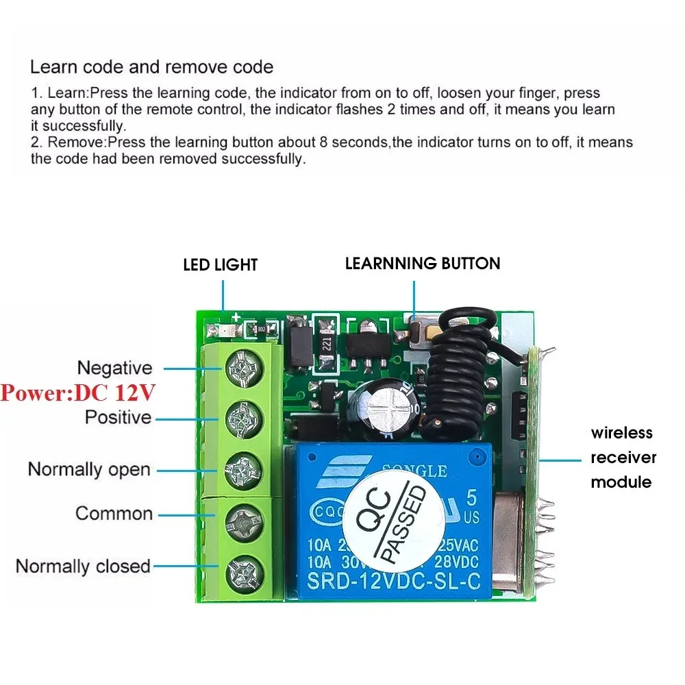 Remote Control 433Mhz Universal Wireless DC 12V 1CH Relay Receiver Module RF EV1527 Learning Code Transmitter