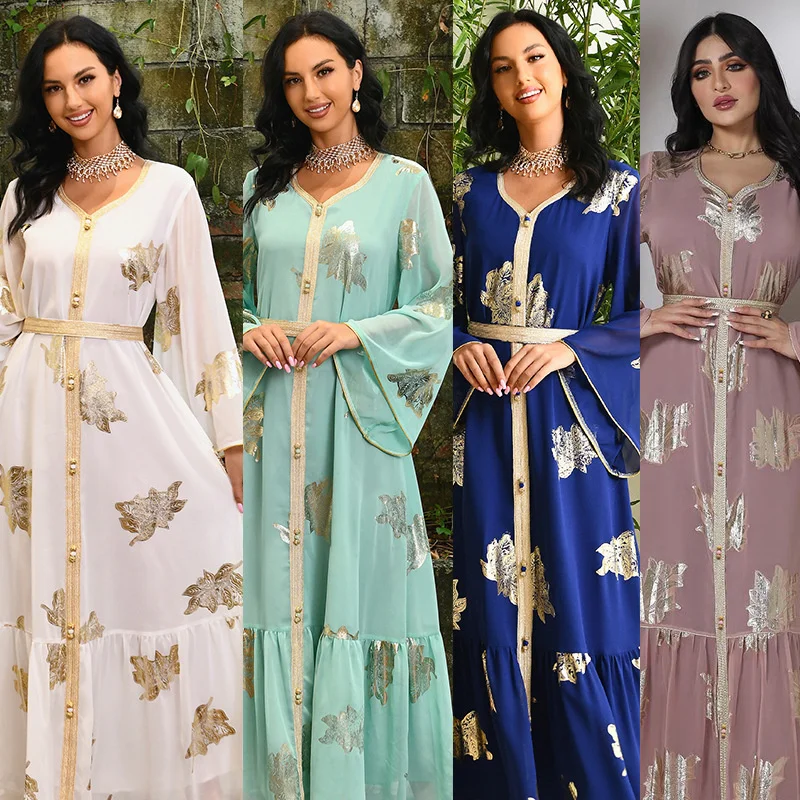 

Middle East Fashion Dress Kaftan Floral Gold Stamp Women Fashion Jellaba Muslim Clothing Dubai Long Sleeve Ladies Evening Dress