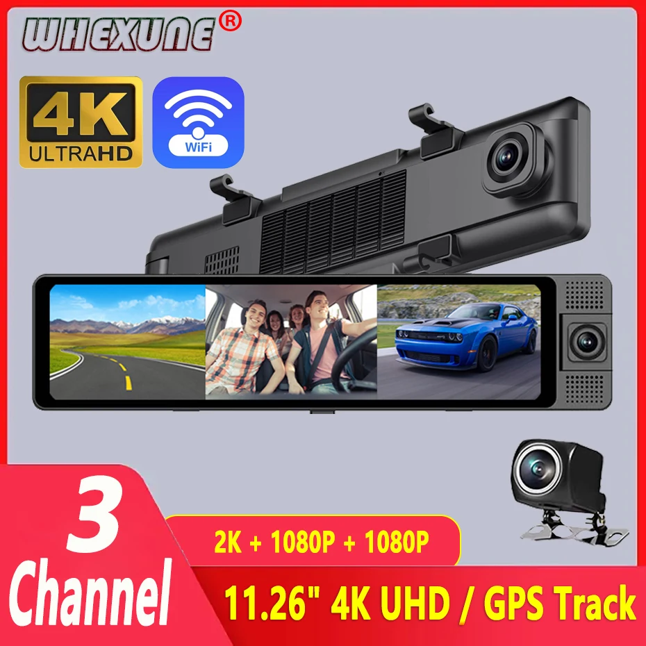 Whexune Car Dvr 4K Dash Cam 5Ghz Wifi Specchietto Retrovisore 3 Fotocamera Anteriore/Cabina/Posteriore Cam Gps Tracker Visione Notturna 24H Monitor Di