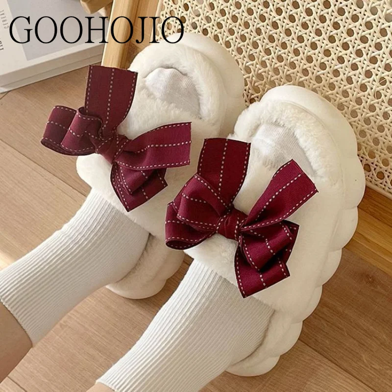 

Женские зимние тапочки с бантом-бабочкой, женские бархатные Тапочки, сохраняющие тепло, плюшевая обувь, мягкие женские универсальные тапочки на платформе