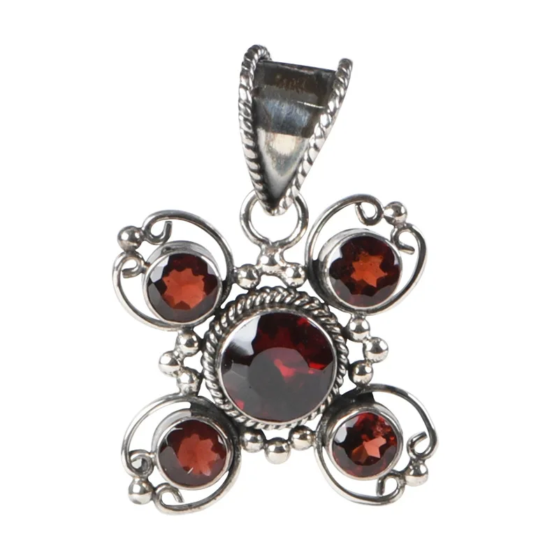 

New style S925 Sterling Silver Retro Red Zircon Necklace Pendant Fashion Design Women