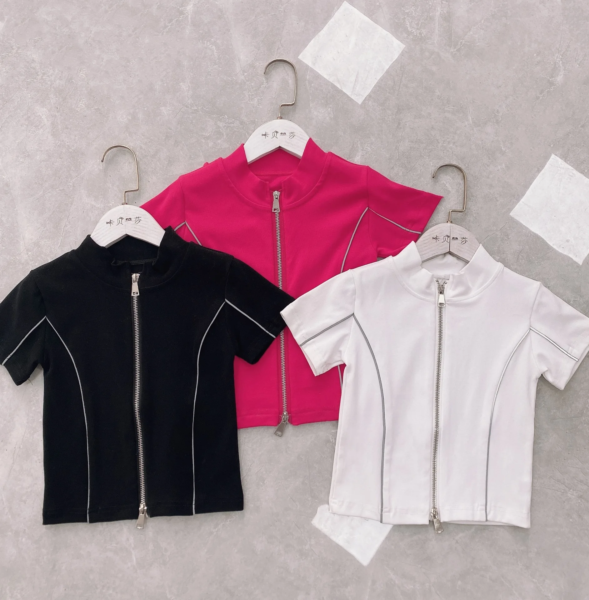 

Girls' Cardigan Short-sleeved Top Summer Teen Children's Knitted Elastic Reflective Zipper Slim Bottom Cardigan T Shirt
