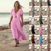 Loose Cotton Linen V-neck Short Sleeve Women's Dress Spring Summer New Arrival Independent Cross-border Station Dress