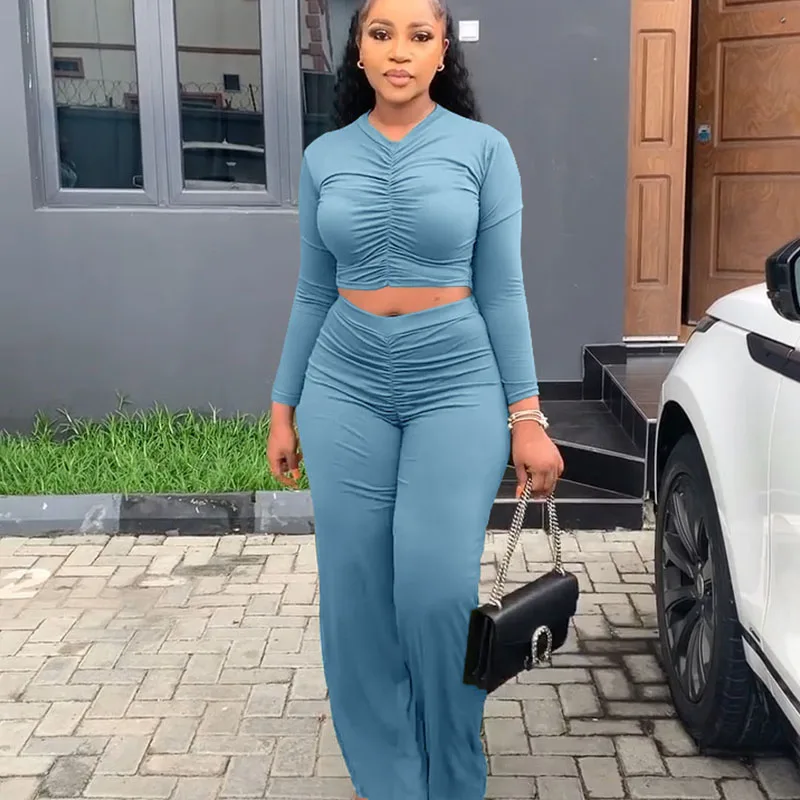 

Casual Streetwear 2 Piece Sets for Women Fall Clothes Long Sleeve Crop Top and Wide Leg Pants Suit Pleated Jogger Matching Sets
