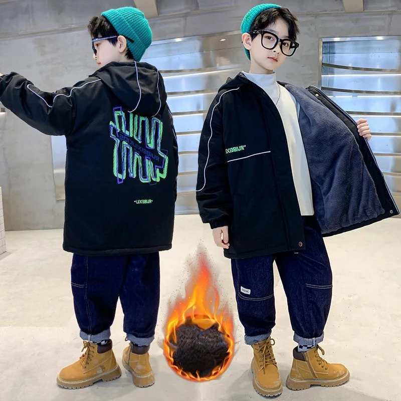 

2023 New Boys Winter Coats 6yrs to 12yrs Letter Down Cotton Jacket Casual Handsome Thick Warm Outerwear Teen Child Hooded Parkas