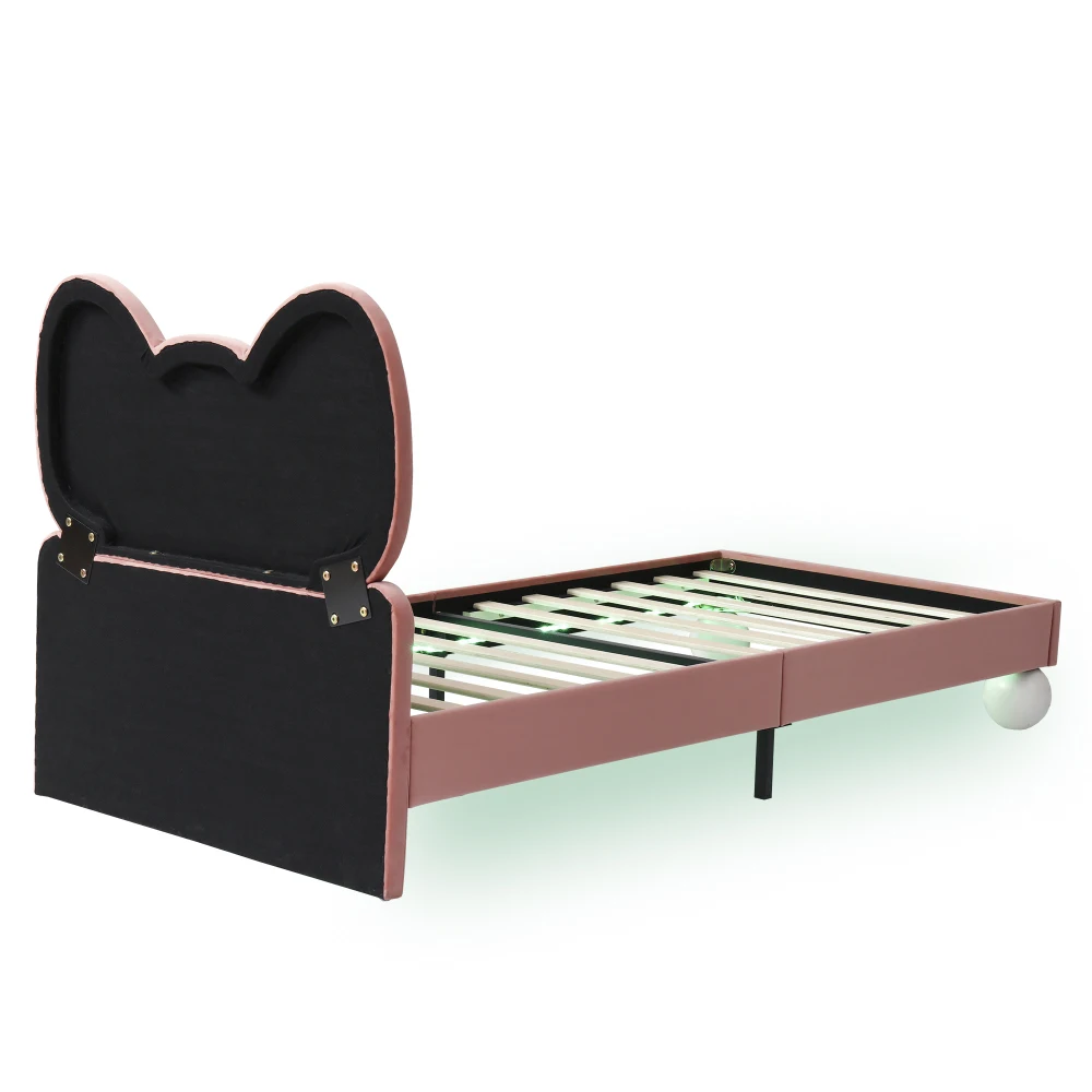 Gepolstertes Einzelbett, Babybett mit fliegenförmigem Bettkopf und farbverstellbarem LED-Lichtstreifen unter dem Bett in Beige + Rosa – Detail 26