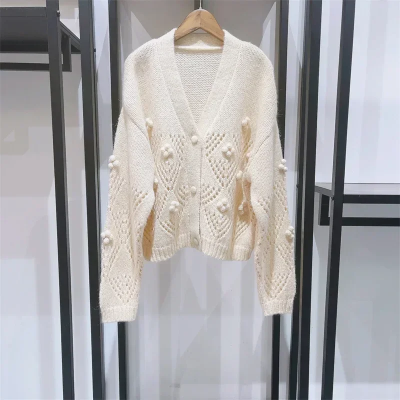 2024 여성용 복고풍 크로셰 브이넥 할로우 퍼 볼, 단색 울 혼방 루즈 가디건, 가을 및 겨울
