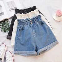 Denim Shorts Women's Elastic Waist Loose Fit Wide Leg A- line Trendy Casual Korean Style Slimming Female Jeans