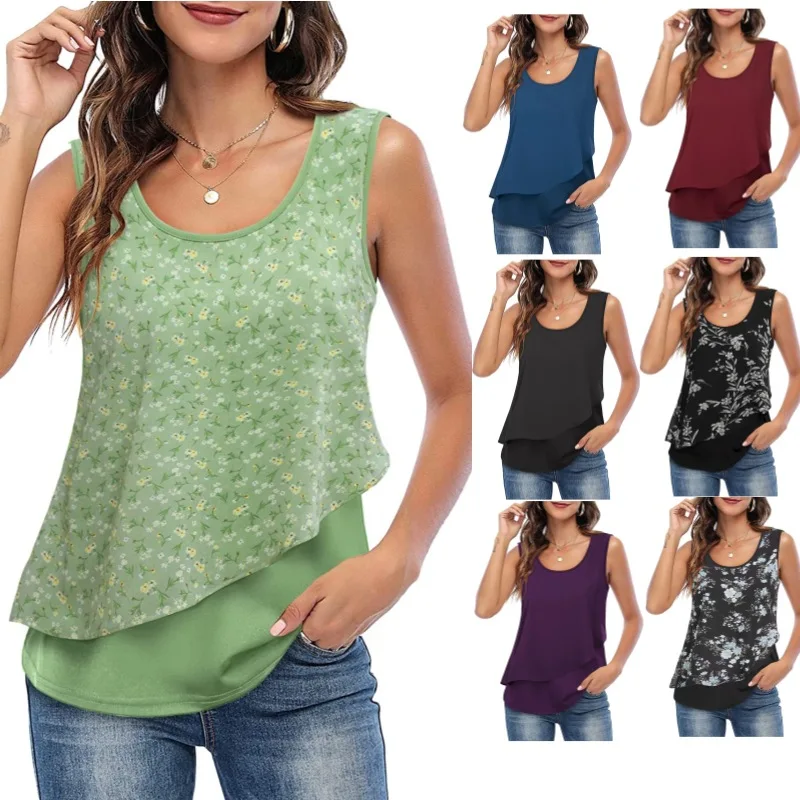 

2023 Summer New European and American Tank Top Women's U-neck Printed Pleated Sleeveless Top Women