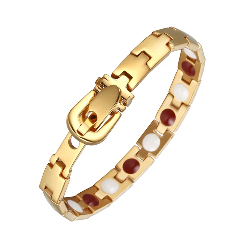 

Moocare Electroplated Gold Denim Button Shape Far Infrared Negative Ion Stainless Steel Energy Sexless Bracelet