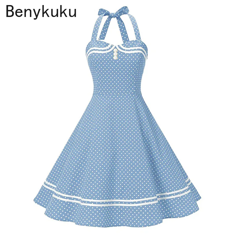 Vintage Halter Yellow Dress Sexy Retro Robe Femme Pin Up Rockabilly Party Dress Big Swing Vestidos Summer Clothes for Women 2024