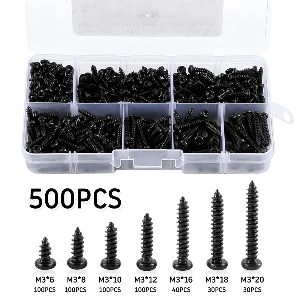 Self Tapping Screw Set Pan Head Tapping Screw Cross Head M3/M4/M3.5/M4.8 Assortment Kit Black Furniture Carbon Steel