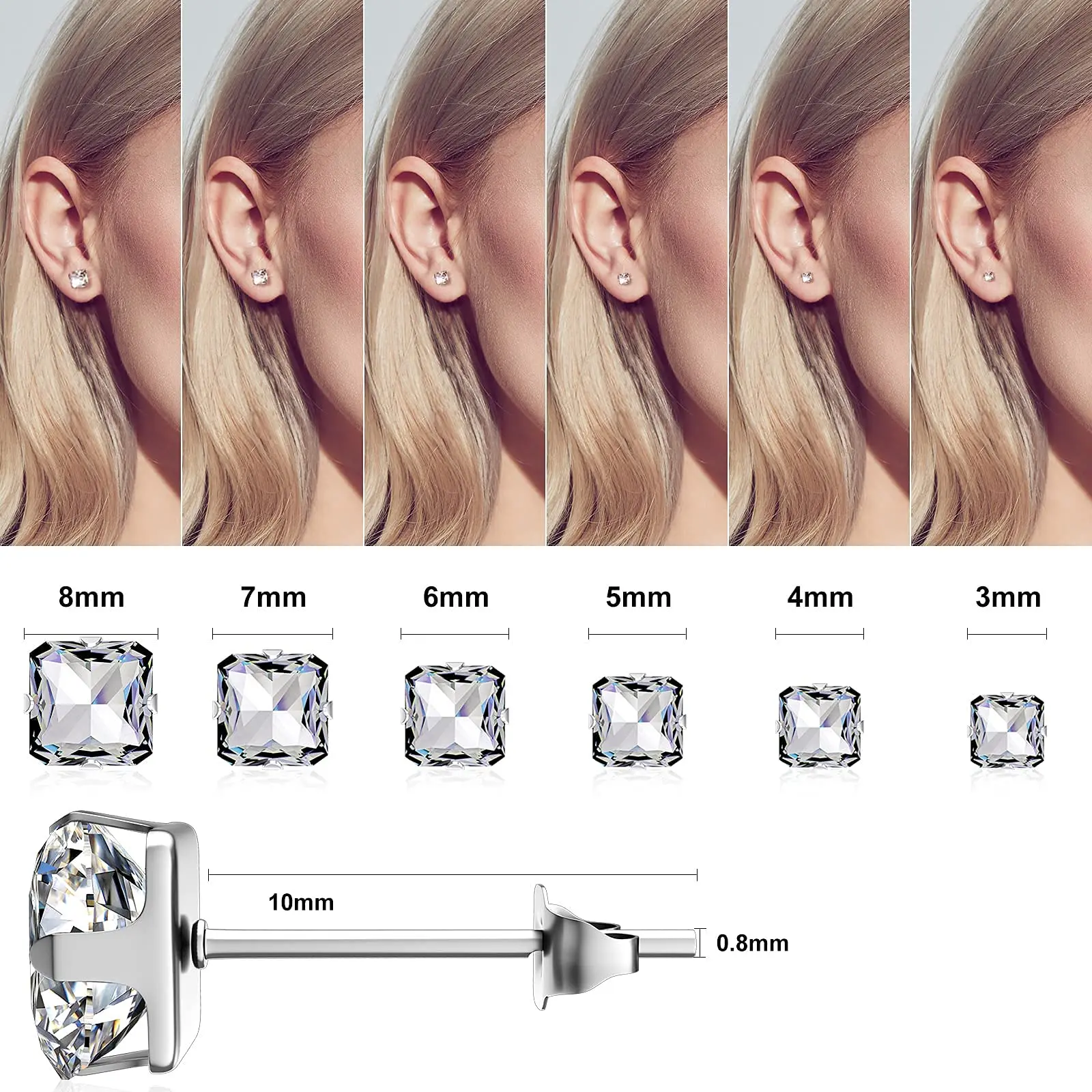 1 Pair 3mm-8mm Medical Stainless steel Crystal Zircon Ear Studs Earrings For Women/Men 4 Prong Tragus Cartilage Piercing Jewelry