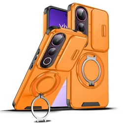 Enhanced Armor Slide Camera Lens Protection Case with Ring Holder and Shockproof Back Cover for Vivo V50 Lite 5G (LK - orange)