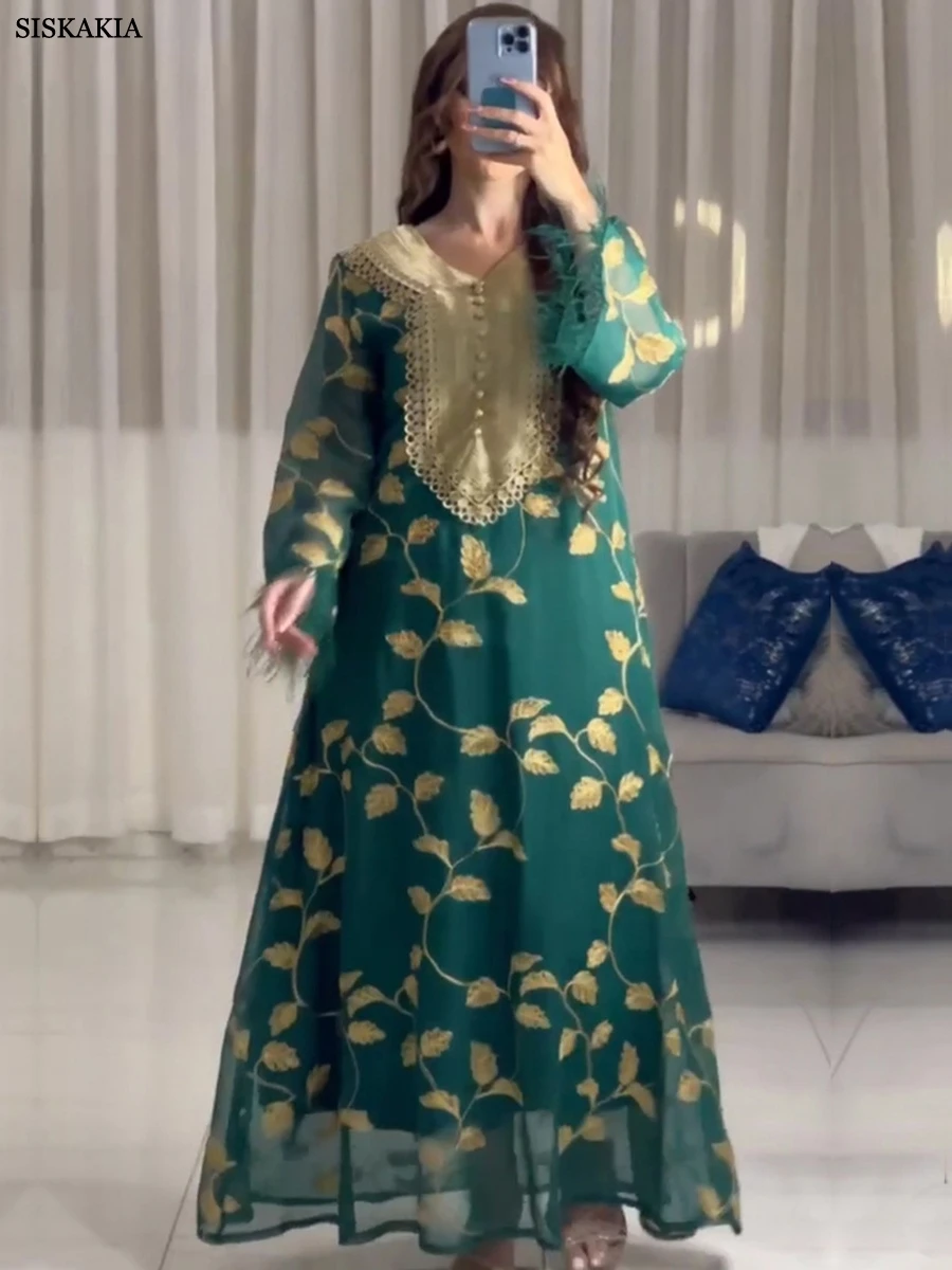 

Siskakia Fashion Women's Galabiyat Chic Appliques Feathers Patchwork Full Sleeve V-Neck Sashes Elegant Muslim Dresses For Female