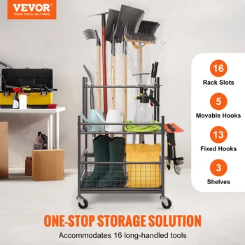 VEVOR Garden Tool Organizer, 10/16 Slots with Hooks, Yard Tool Tower Rack with Wheels for Garage Organization and Storage 2