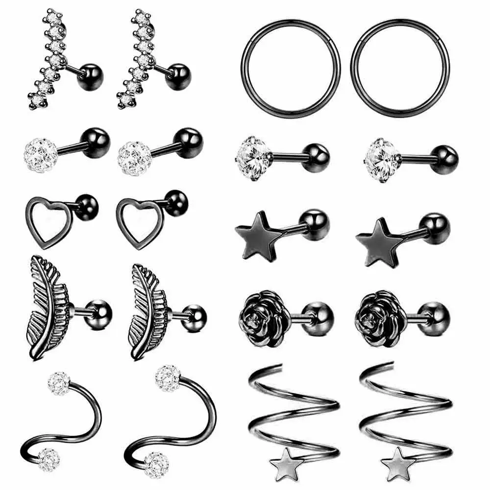 Set 12 Orecchini Cartilagine In Acciaio Inox 316L – Ipoallergenici, Schiena Piatta, Per Piercing Helix Conch Tragus Daith