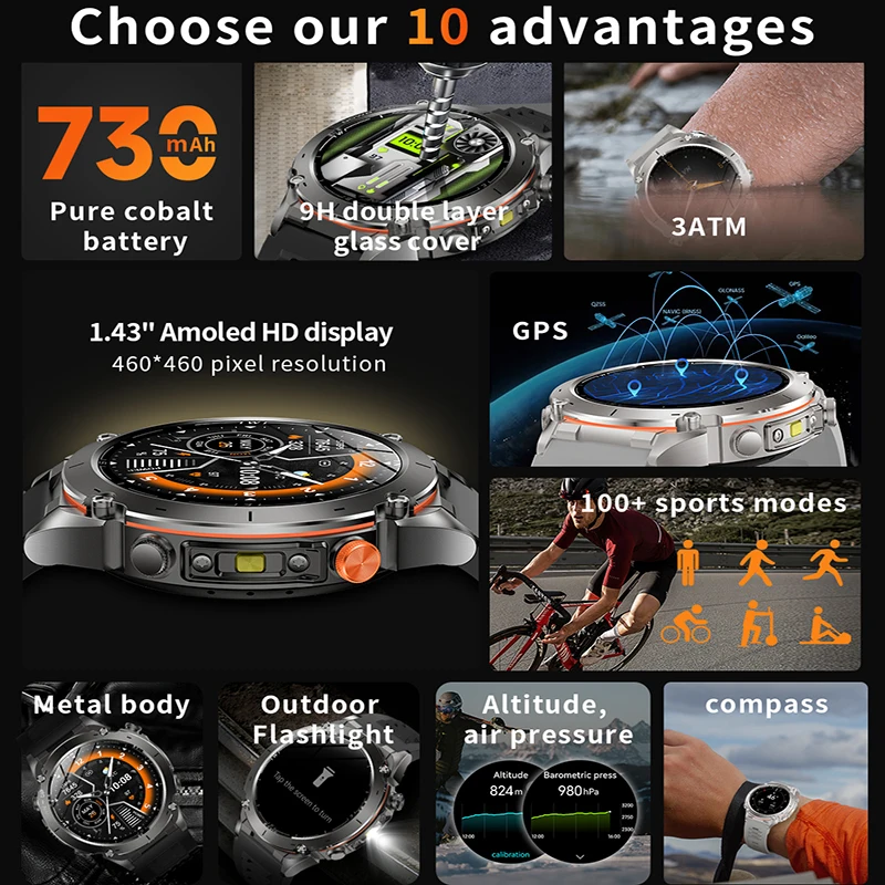 2026 Men gift GPS Track Smart Watch Flashlight 730mAh Large Battery Bluetooth Call 3ATM Waterproof Military AMOLED HD Smartwatch 3