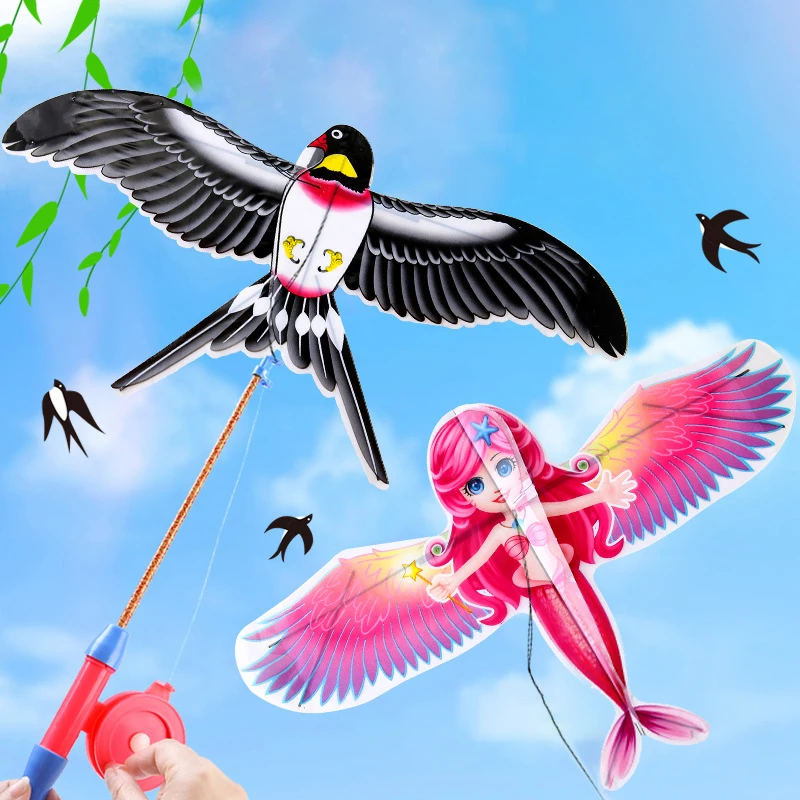 Cartoon Children Kite Mini Plastic Toys + 40cm Hand Brake Fishing Rod Outdoor Toys For Kids Gifts