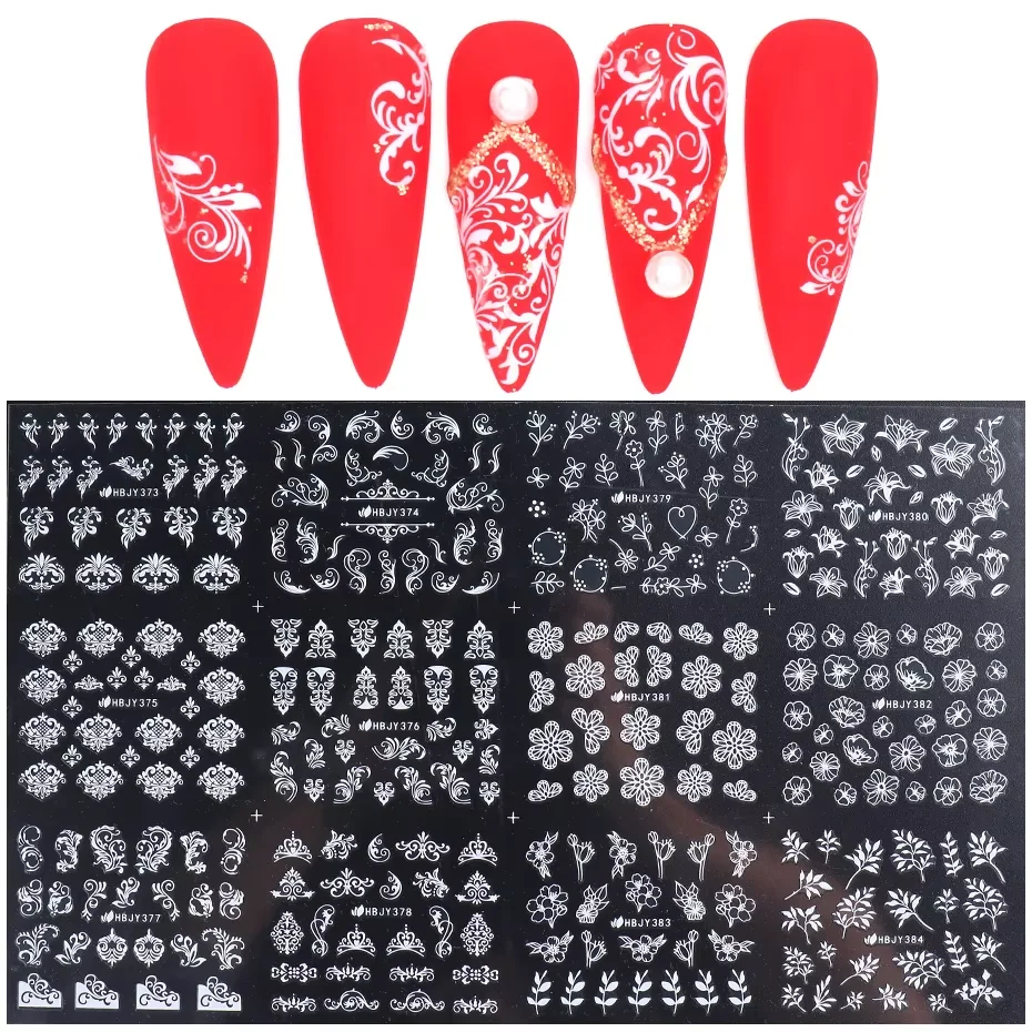 1PCS Black White Nail Stickers Flower Leaf Necklace 3D Sliders Decal Gel Polish Sticker DIY Design Manicure Tips HBJY373-384 5
