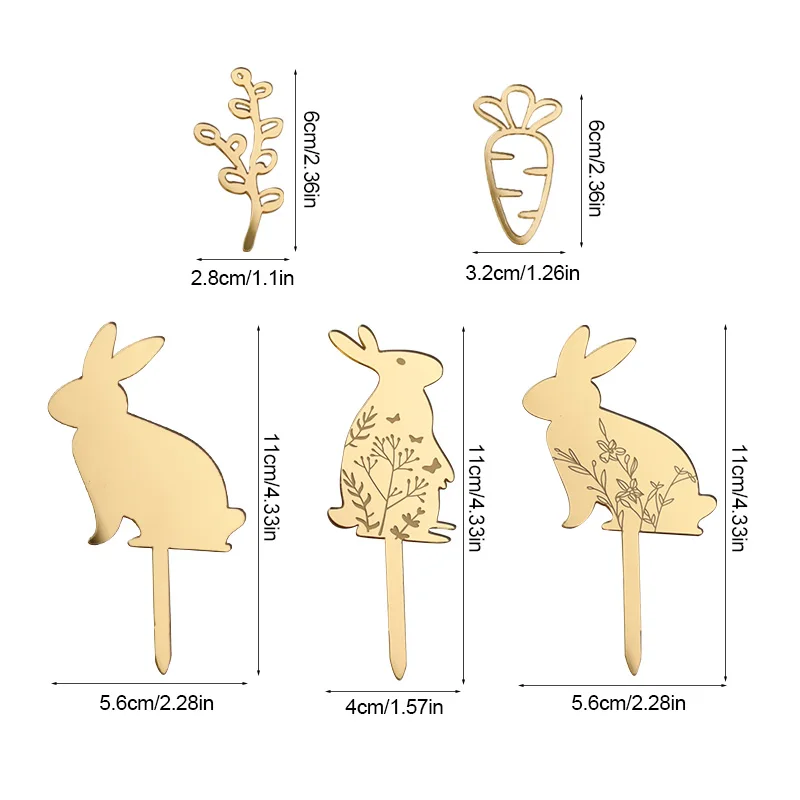 3/5pcs Easter Party Cake Decoration Gold Acrylic Rabbit Carrot Cupcake Toppers Happy Easter Dessert DIY Decor Kids Birthday Gift