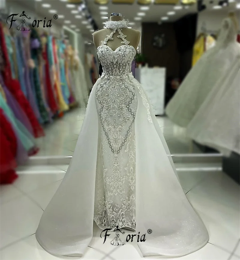 

Elegant Halter Sleeveless Mermaid Wedding Dress With Detachable Train Beaded Pearls Lace Bridal Dresses vestidos de gala mujer