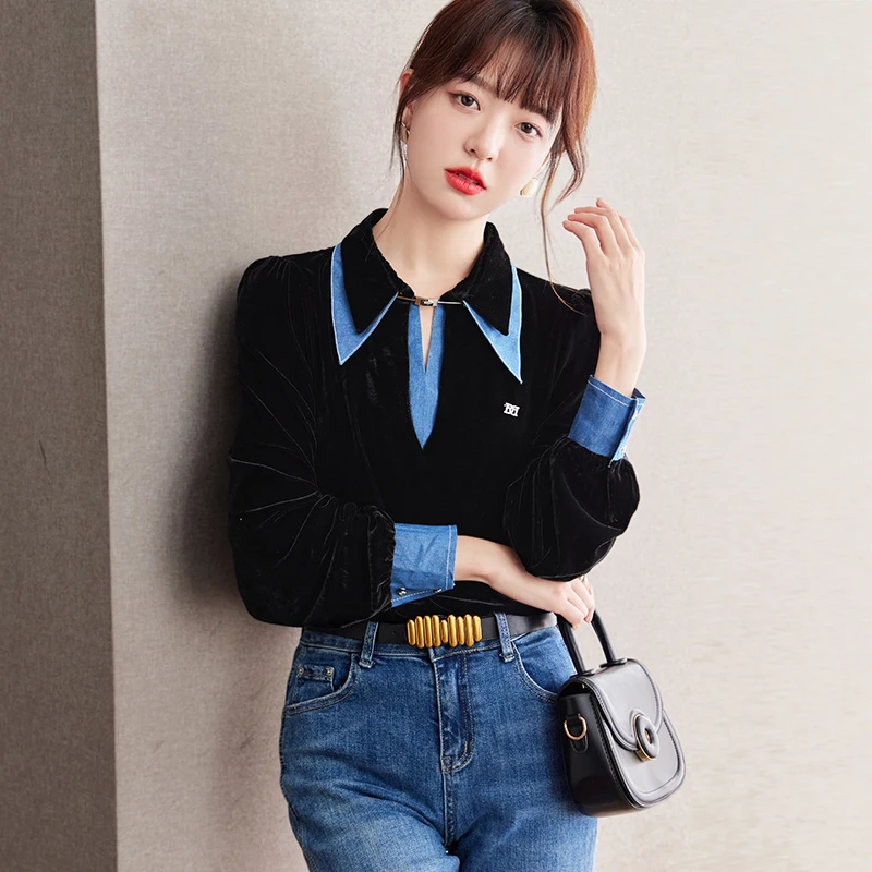 

French Style Blue Spliced Black Velvet Shirt Women Tops Elegant Loose Casual Long Sleeve Pullover Blouse Camisas De Mujer B2822