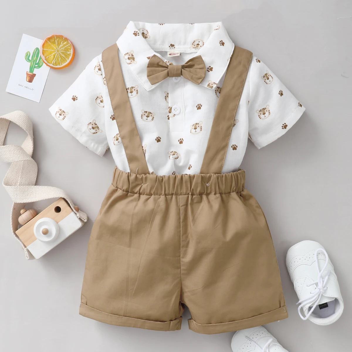 

3-24 Months Baby Boy Clothing Set Short Sleeves Animal Bodysuit+Strap Shorts 2PCS Clothes Newborn Baby Boy Gentleman Outfit Suit