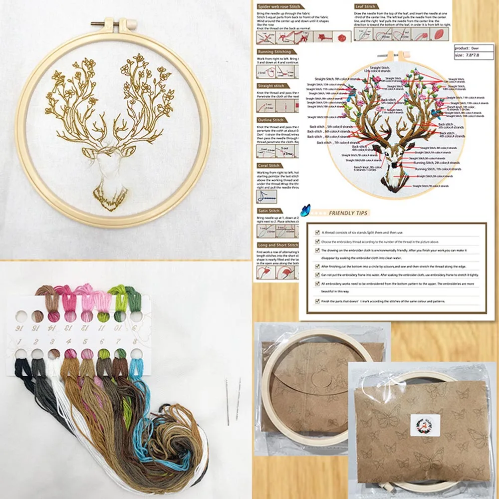 DIY Embroidery Starter Kit , Embroidery Cloth Color Threads Tools Kit With Pattern and Instruction,Cross Stitch Set