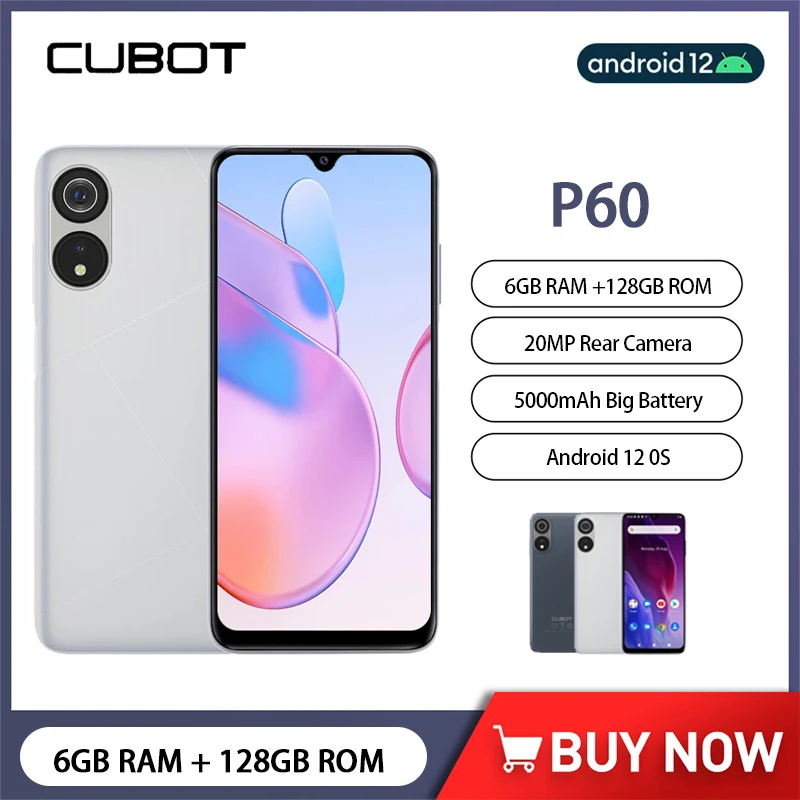 Cubot P60 Smartphones Android 12 Octa-Core 6.517 HD  6GB+128GB(256GB Extended) Mobile Phone 20MP 5000mAh Dual SIM 4G Cellphone gionee p61 android 11 4g mobile phone helio p60 octa core cellphone 4g 128g smartphones 4800ma blackview umidigi cubot realme