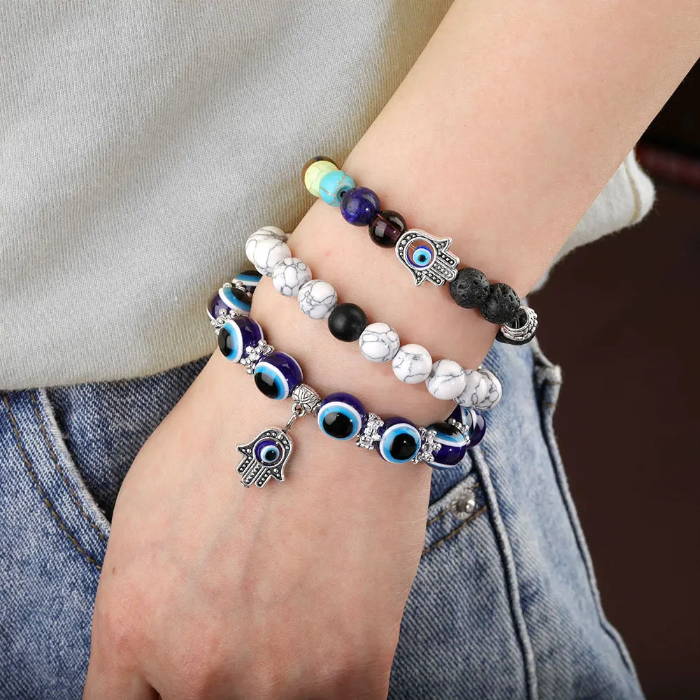 

Selling colorful volcanic stone palm eye white pine elastic bracelet bracelet set female charm bracelet bracelets for women