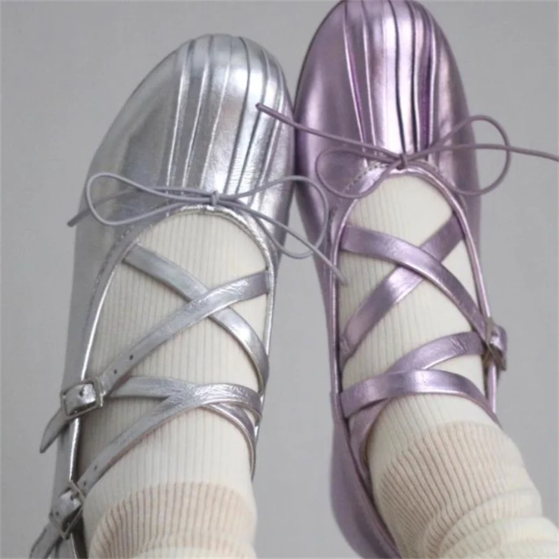 

Butterfly-knot Shoes for Women Round Toes Flat Heels Crossover Strap Ladies Ballet Solid Chaussure Femme Bow-tied Zapatos Mujer