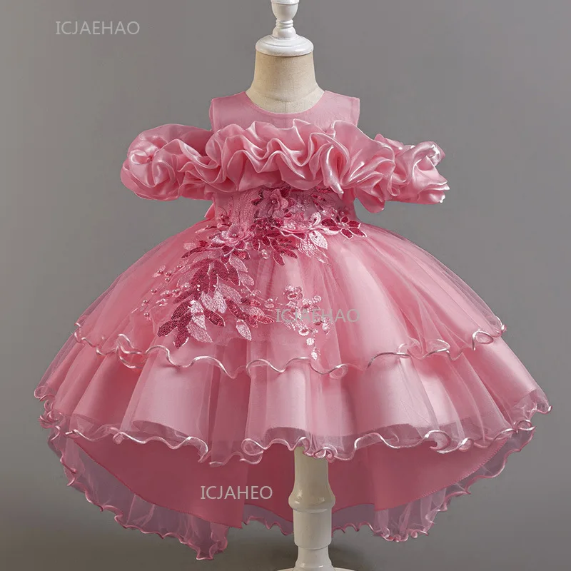 Girls Flower Girl Dress with Train Tulle Princess Gown Christmas Birthday Party Pageant Formal Dresses Kids Children Clothing - 4