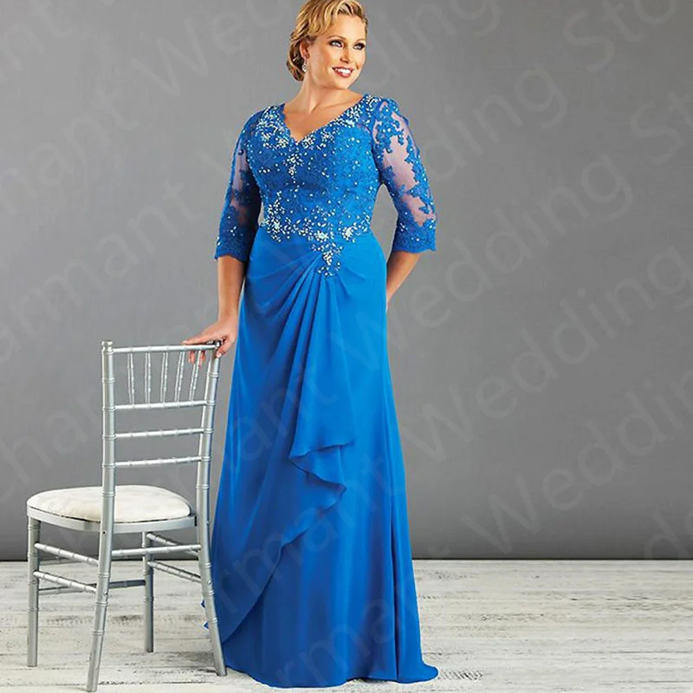 

Charming On Sale Blue Mother of the Bride Dresses Plus Size Lace V Neckline Wedding Party Gowns 3/4 Sleeve Beaded